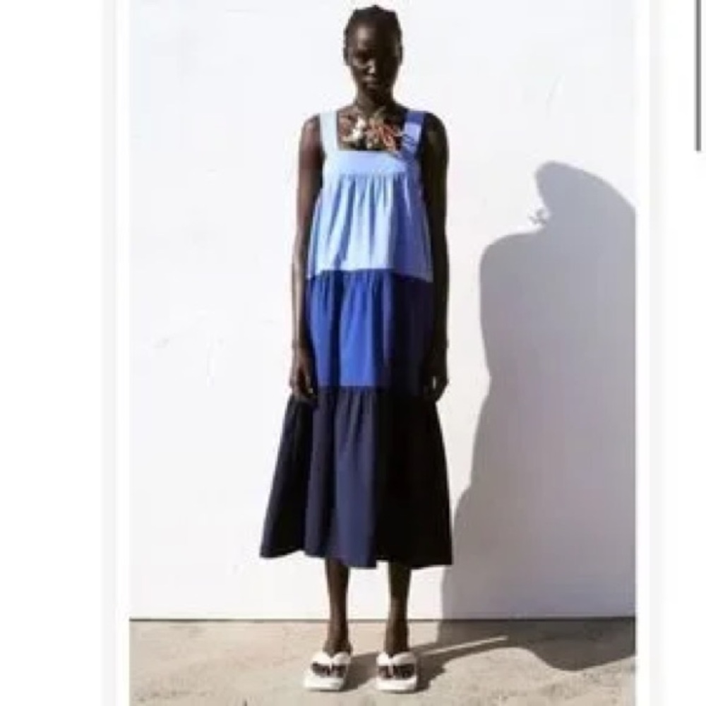 Zara Blue Tiered Poplin Maxi Dress